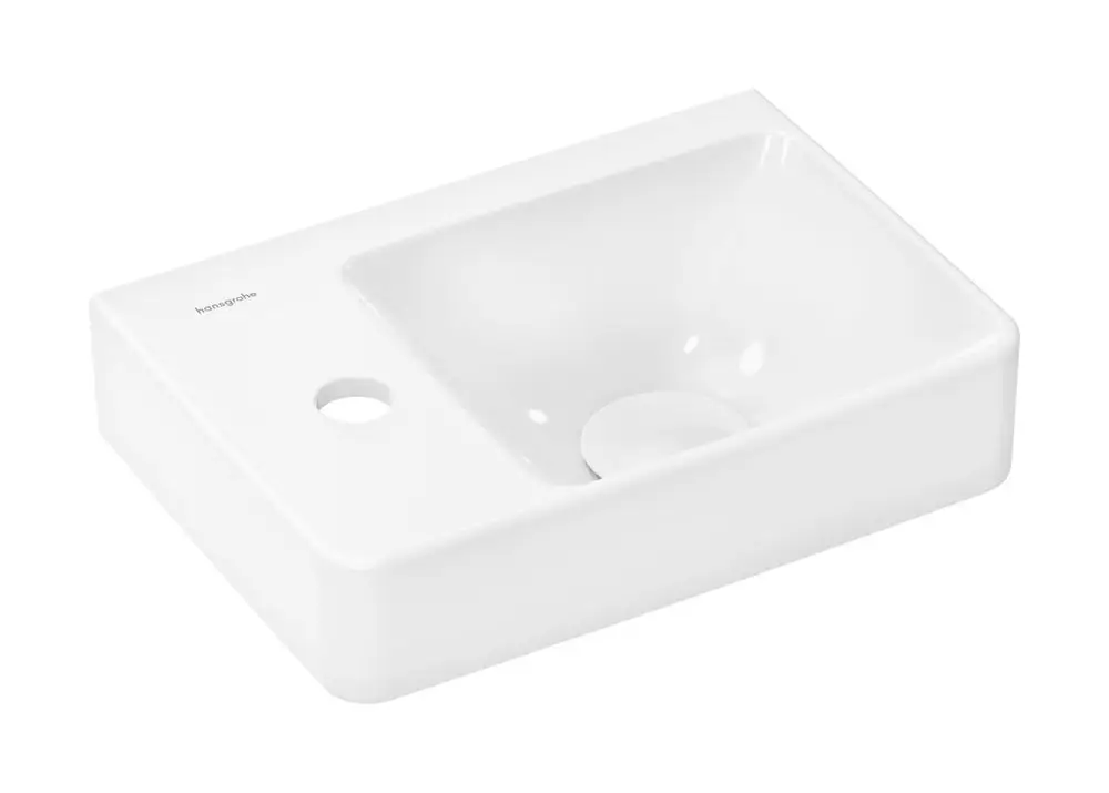 Weißes Waschbecken von Hansgrohe mit rechteckiger Form und einer Ablagefläche auf der linken Seite. Hahnloch vorhanden, jedoch ohne Überlauf.